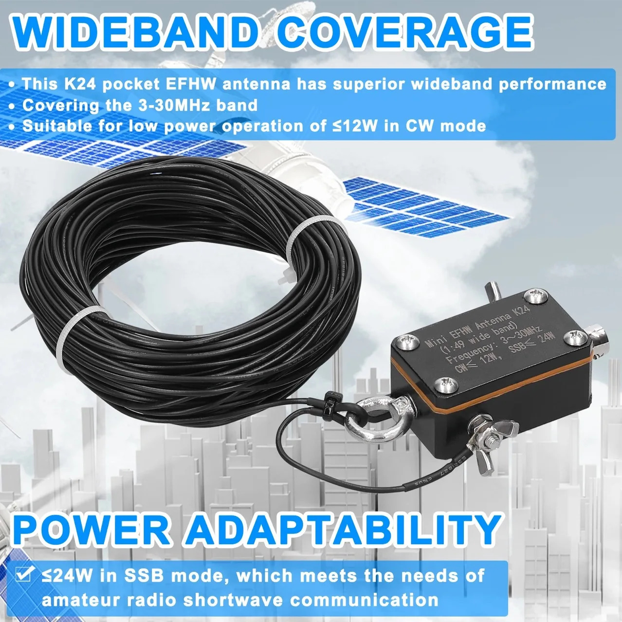 포켓 EFHW 안테나 K24 3-30MHz 대역 단파 광대역 단일 종단 반파