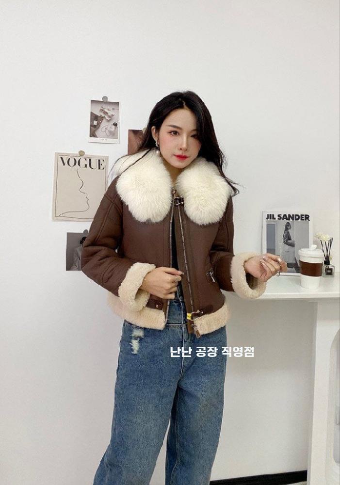 여성 리얼 가죽 무스탕 숏 자켓 퍼 카라 겨울 아우터 - 상세 이미지 4