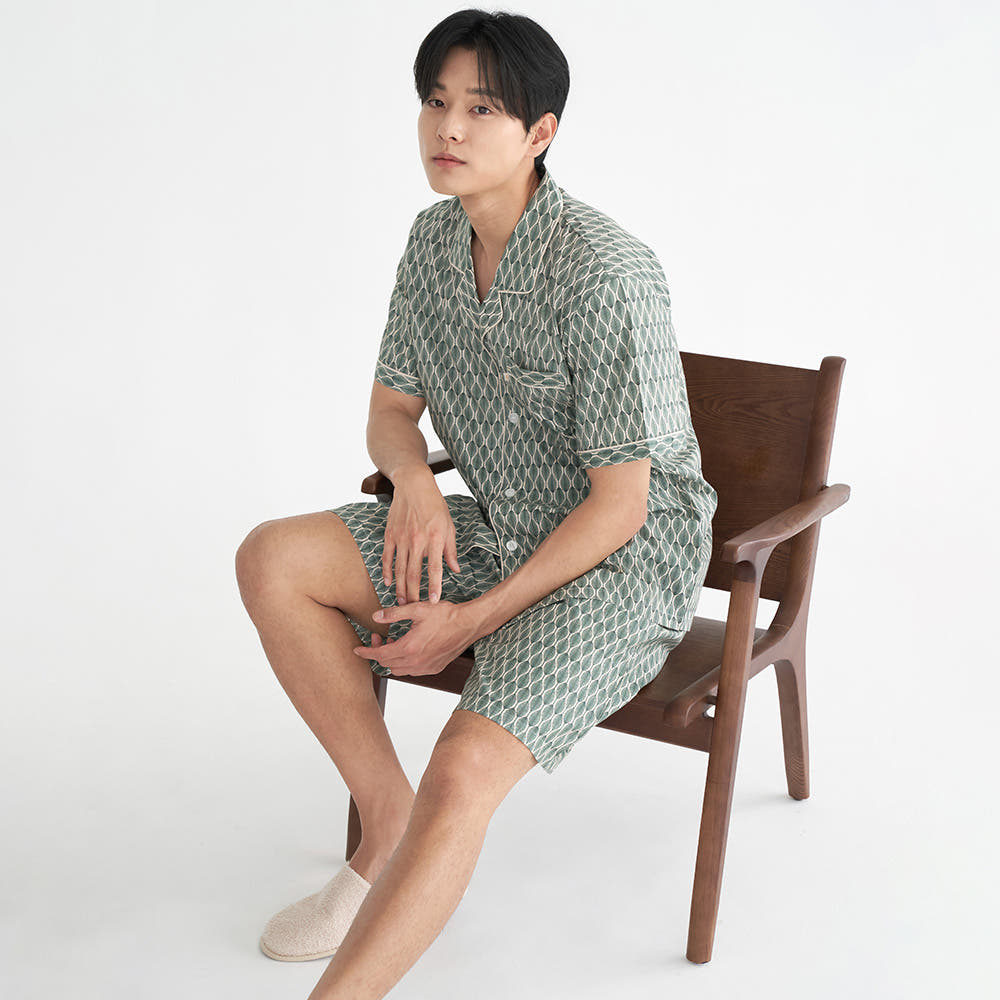 MAY FLOWER 오리엔탈 남성 여름 반팔 순면 아사면 잠옷 파자마 세트