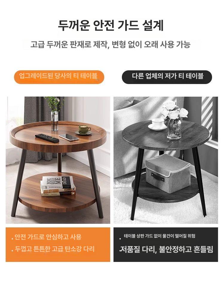 커피테이블 원탁 간이 티 우드 소파 북유럽 거실 2단 월넛 40 x 40x48cm - 상세 이미지 3