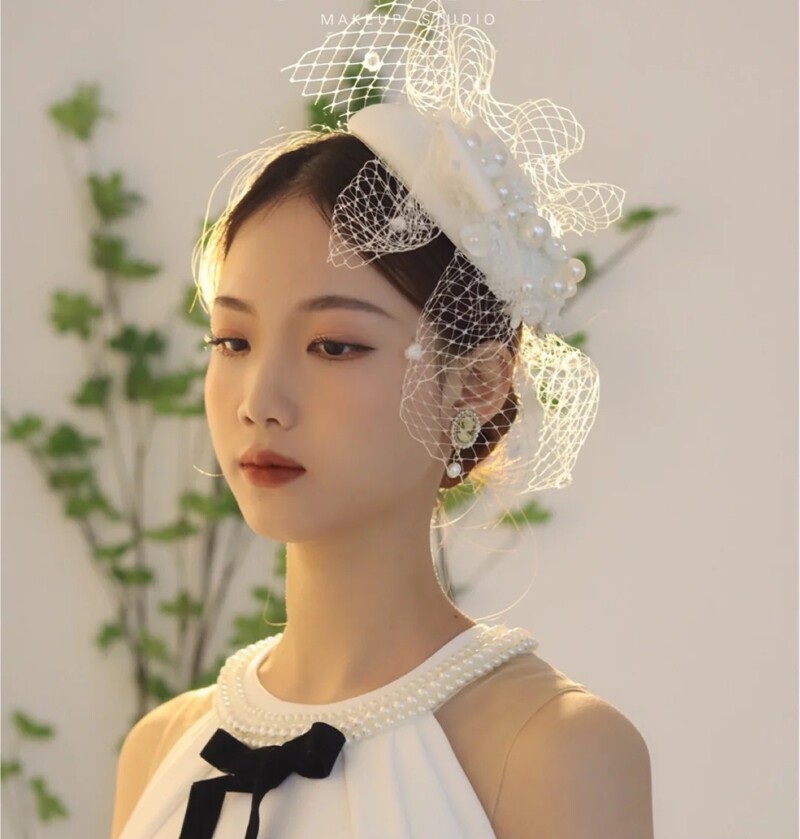 빈티지 웨딩 페이스베일 고급스러운 화이트 미니 촘촘한 진주 새틴 리본 장식 레트로 흰색 - 상세 이미지 3