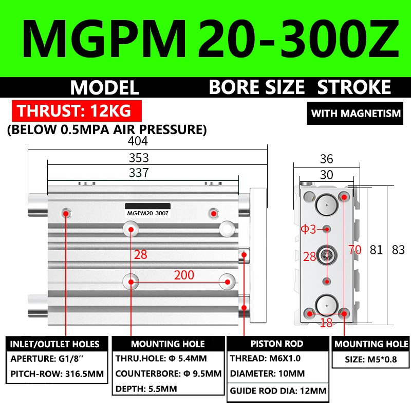 ABILKEEN MGPM 시리즈 공압식 소형 가이드 실린더 MGPM20-300Z 20MM 보어 X 300MM 스트로크 3축 3로드 에어