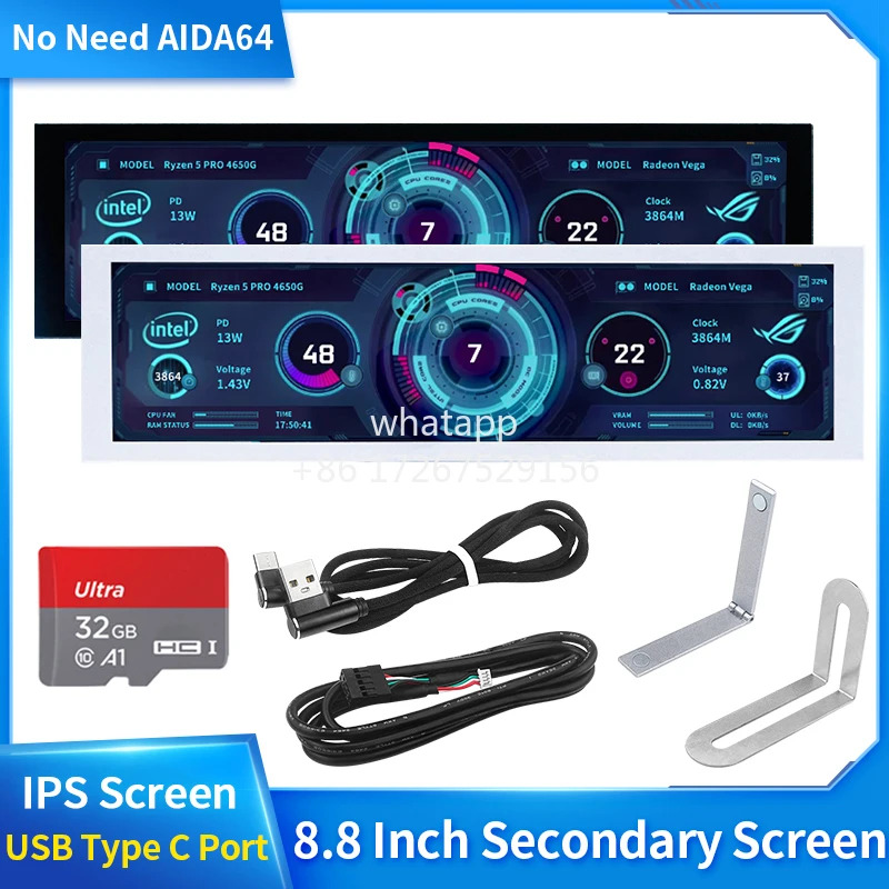 8.8 인치 IPS C 보조 화면 USB-C 인터페이스 컴퓨터 모니터링 CPU GPU RAM Dislpay 스마트 AIDA64 필요 없음