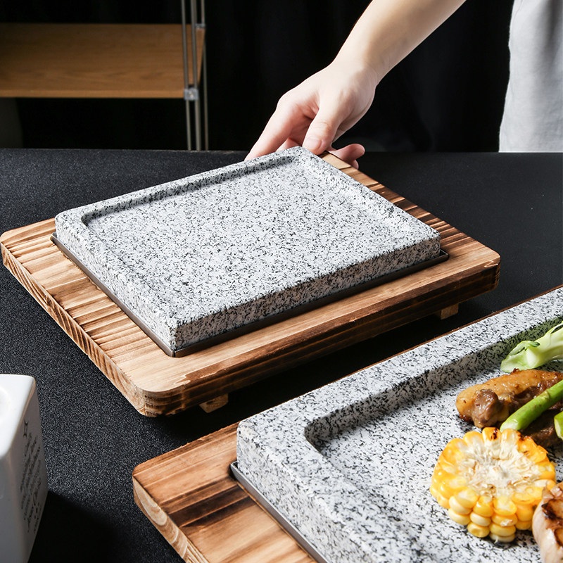 돌판 스테이크 접시 고기 구이용 미니 불판 식당용 업소용 스테이크판 석판16x16x1.8cm+나무+강판 - 상세 이미지 4