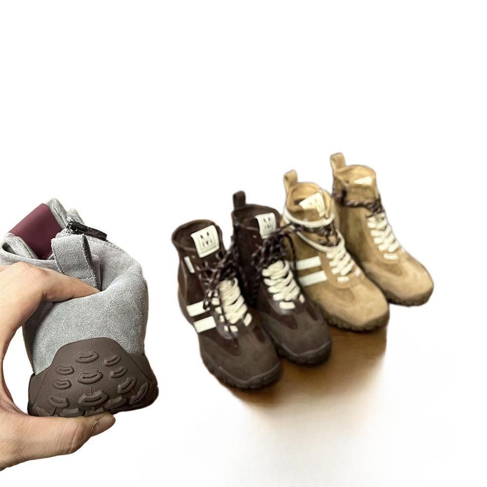 빈티지 트레이닝화 내부 6cm 두꺼운 부츠 가죽 숏부츠 - 상품 이미지
