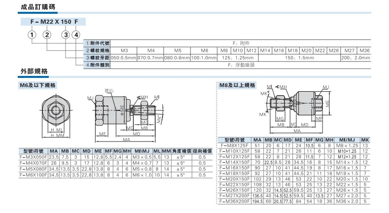 AirTAC 플로팅 조인트 범조인트 F-M10 M12 M8X125F/M16 M6 M18 M20X150F