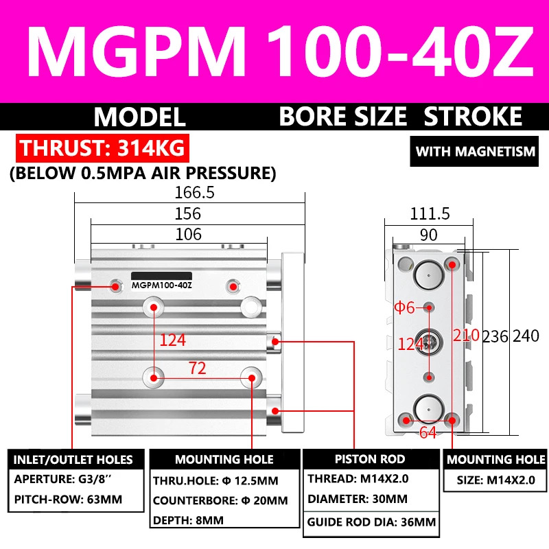ABILKEEN MGPM 시리즈 공압 컴팩트 가이드 실린더 MGPM100-40Z 100MM 보어 X 40MM 스트로크 3축 3로드 에어
