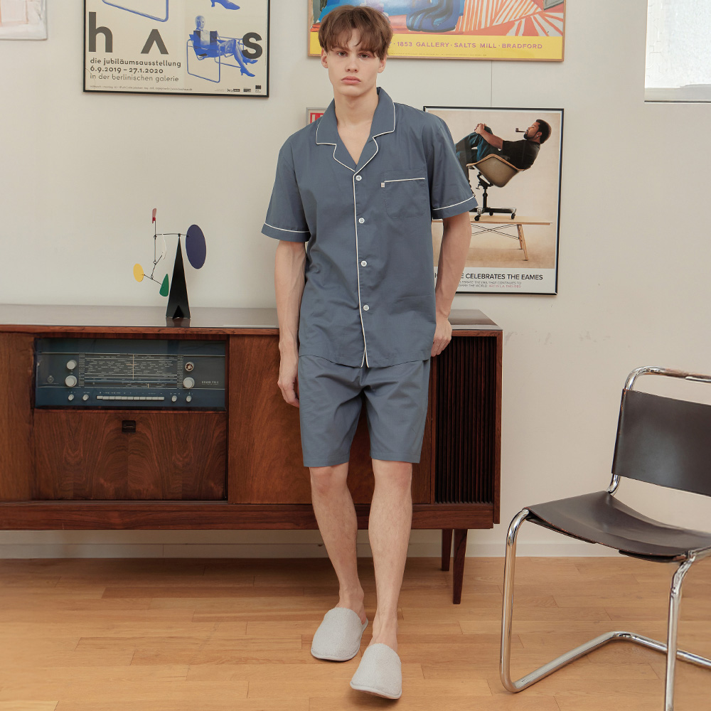 클래식그레이 남성 여름 반팔 순면 아사면 잠옷 파자마 홈웨어 세트 상품 이미지