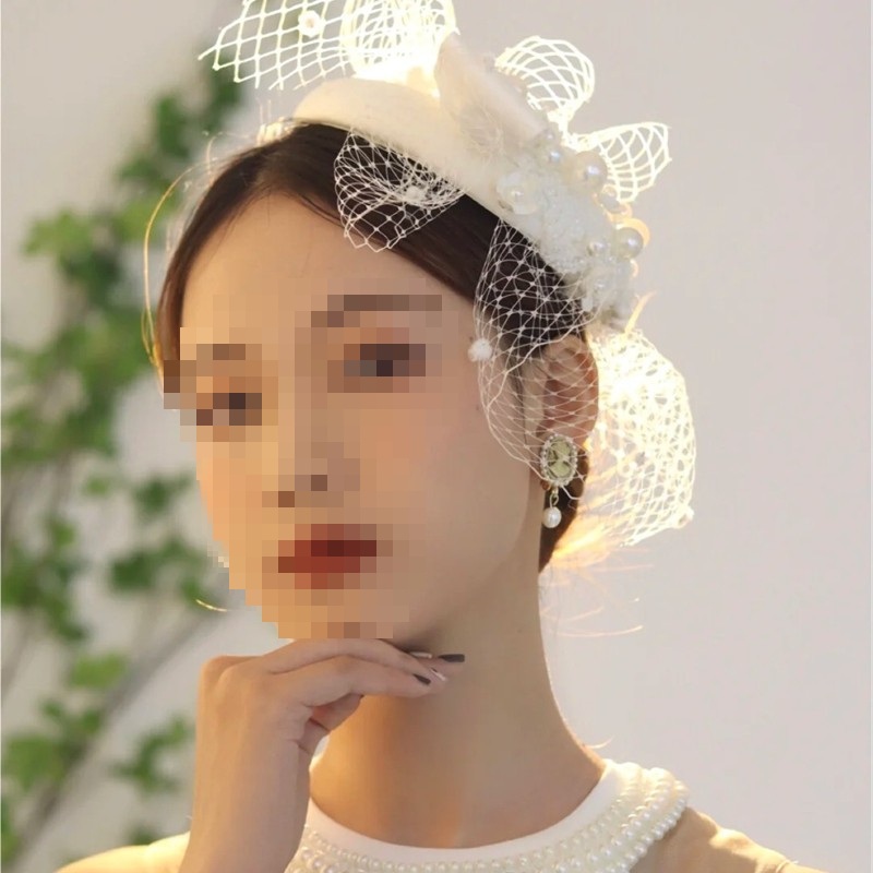 빈티지 웨딩 페이스베일 고급스러운 화이트 미니 촘촘한 진주 새틴 리본 장식 레트로 흰색 - 상세 이미지 2