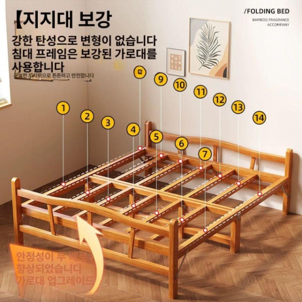 프리미엄 대나무 슈퍼싱글침대 접이식 침대프레임 싱글침대 1m 넓은 침대 195x100x35cm 0.6m 침대 195x60x31cm A - 상세 이미지 5