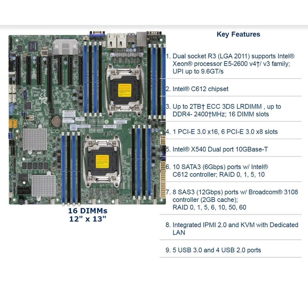 Supermicro 양방향 서버 E- 마더보드X10DRH-CT LGA 2011 intel호환 C612 Xeon E5-2600 v3/v4 군 DDR4 리퍼