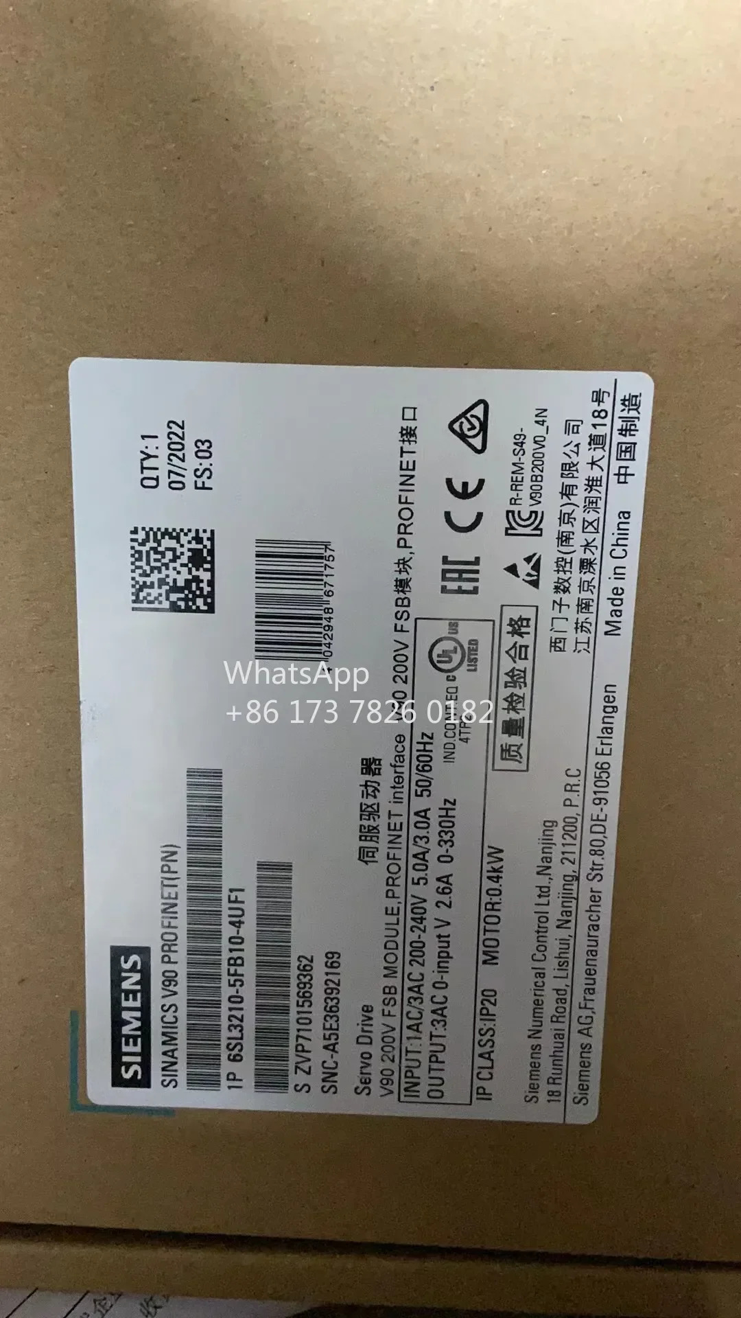 6SL3210-5FB10-4UF1 SINCS V90 PROFINET 입력 전압 200-240V 1/3상 AC -15%/10% 5.0/3.0A 45-66Hz