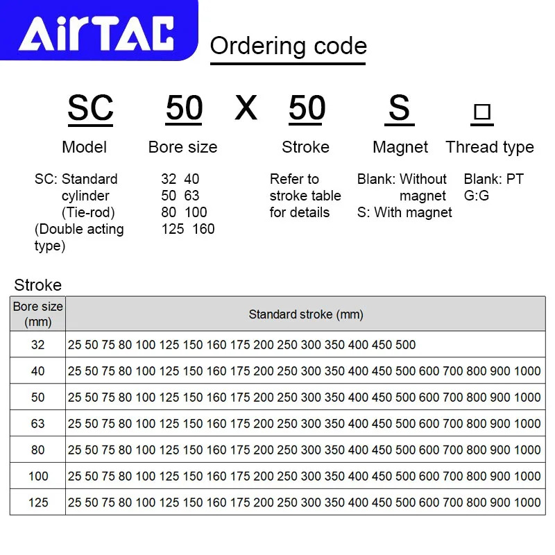AIRTAC SC 표준 공압 에어 실린더 SC32/40/50/63/80/100/125/160mm 25/50/75/100/200/300/400/500mm 스트로크 복동
