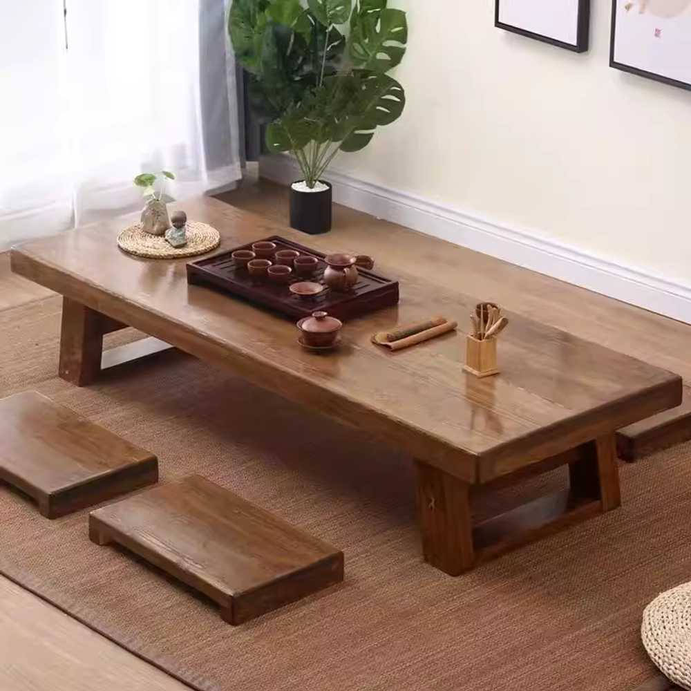 원목 좌식 테이블 밥상 소파테이블 커피 낮은 좌탁 120x60x35cm+방석 4개 - 상품 이미지