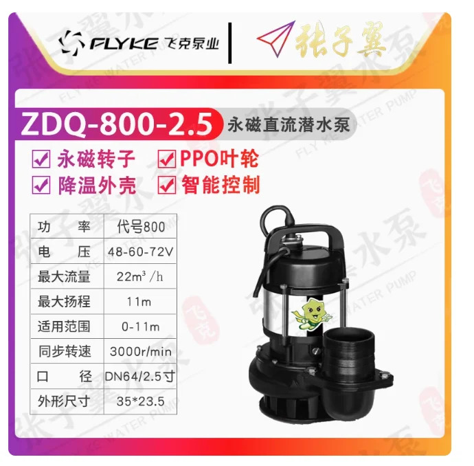 FLYKE ZDQ 지능형 영구 자석 DC 24V/48V/60V/72V 배터리 잠수정 펌프 ZDQ-800-2 ZDQ-800-2.5 ZDQ-800-3