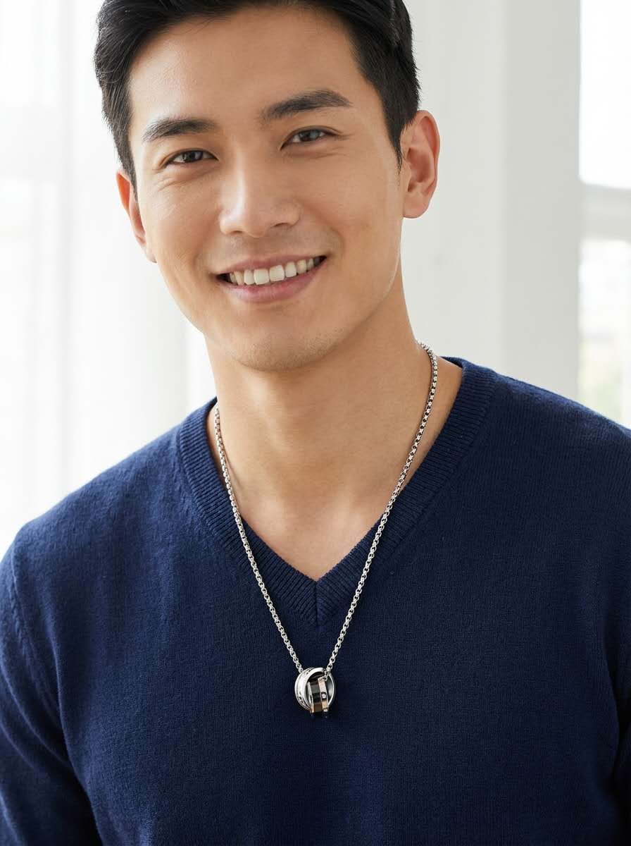 커플 더블링 목걸이 블랙 실버 투톤 써지컬 스틸 펜던트 - 상세 이미지 3