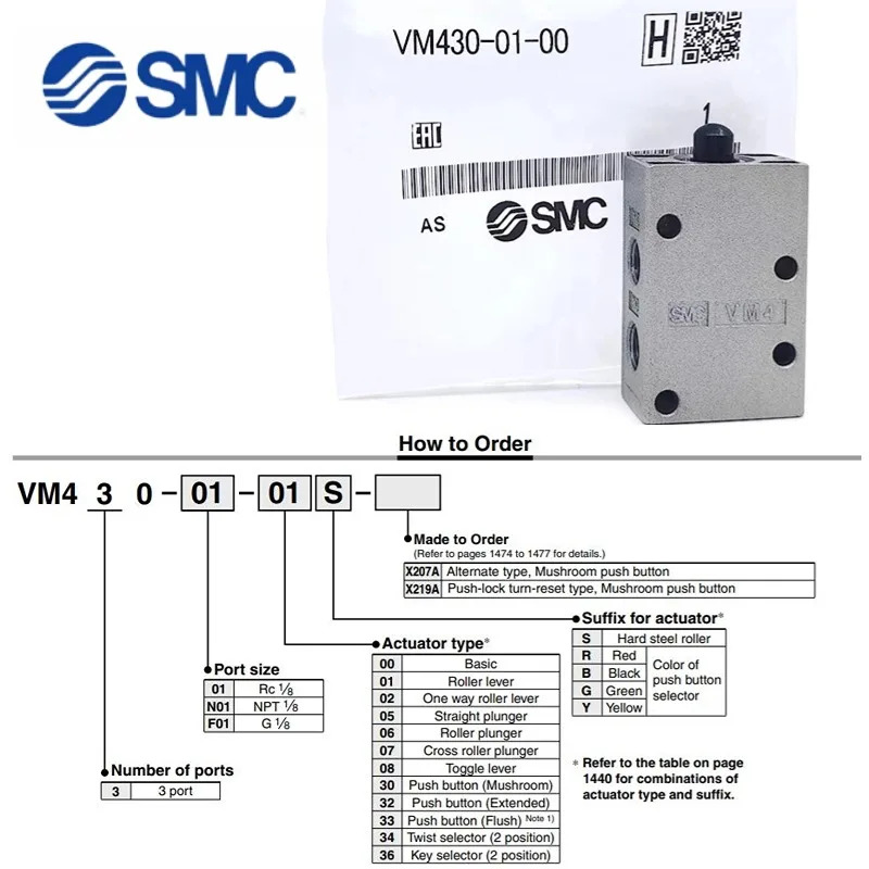 VM430-01-33G 33Y 33B 33R 34G 34Y 34B 34R 33 SMC 3 포트 기계식 밸브 VM VM400 시리즈 공압 공구