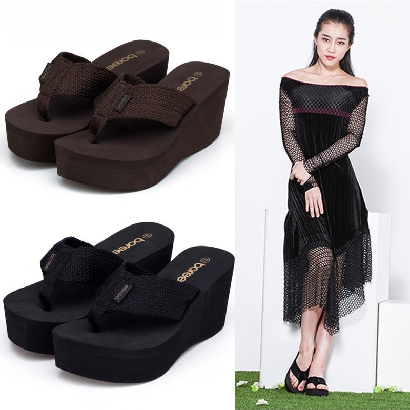 여름 키높이 통굽쪼리 시원한 비치샌들 여성용 미끄럼방지 통굽슬리퍼 발편한 검은색8cm 33 - 상세 이미지 4