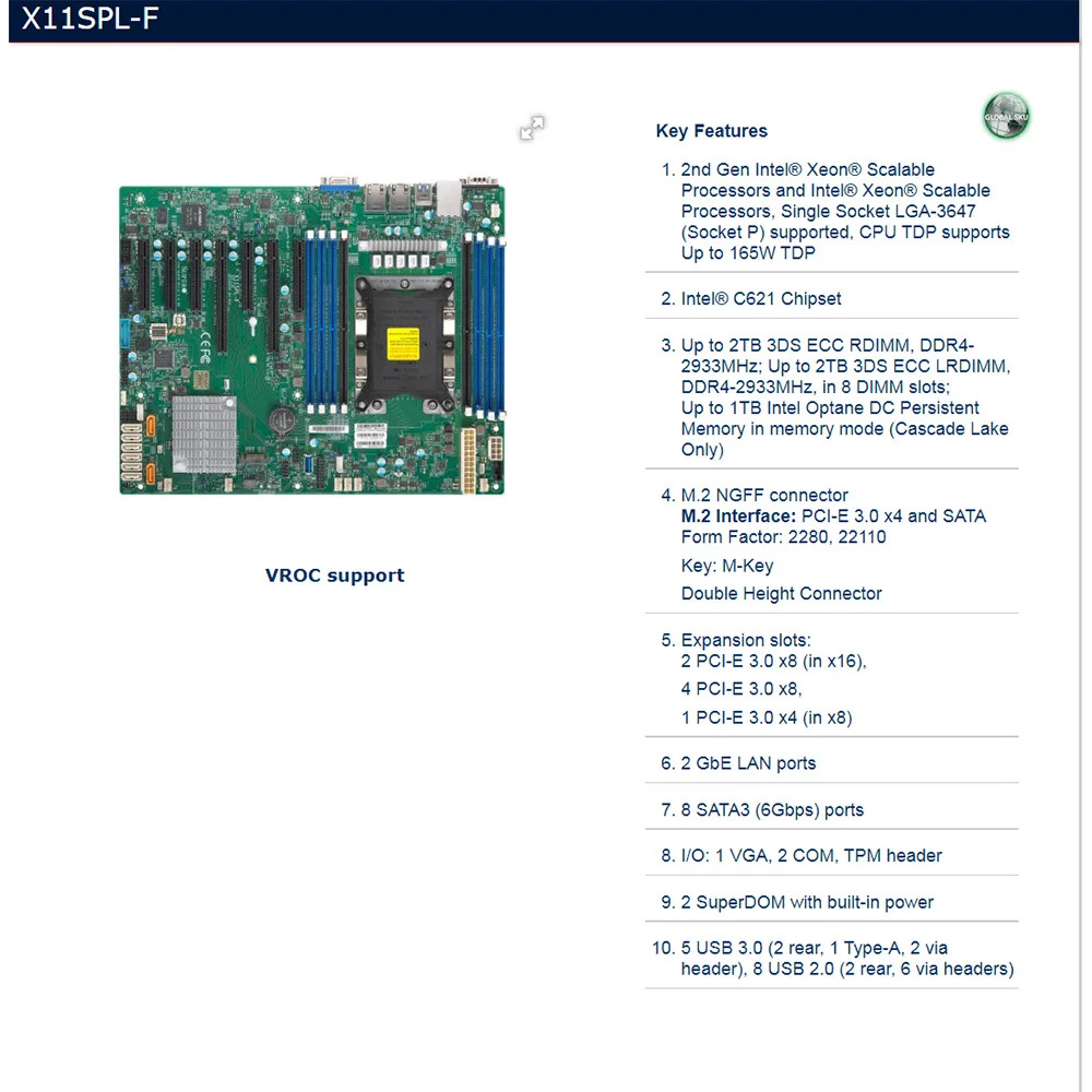 Supermicro LGA3647 서버 마더보드 C621 DDR4X11SPL-F