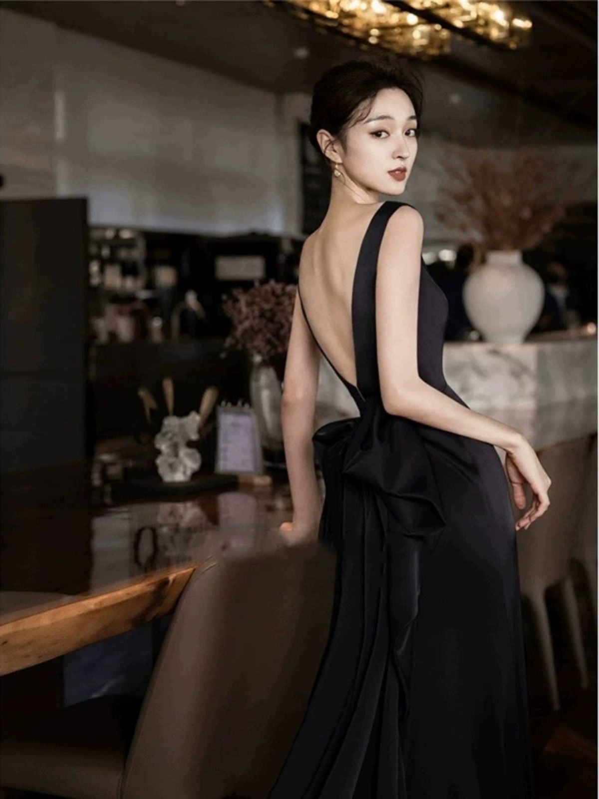 셀프 웨딩촬영 연주회 행사 파티복 웨딩 드레스 브이넥 블랙 리본 원피스 이브닝 피로연 블랙 S - 상품 이미지