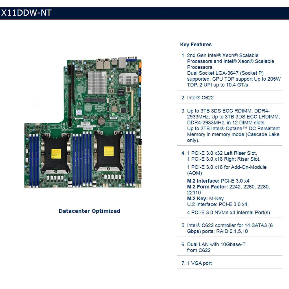 Supermicro 서버 양방향 마더보드X11DDW-NT intel호환 C622 LGA-3647 DDR4 PCI-E 3.0