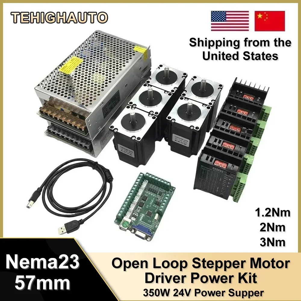 스테퍼 모터 드라이버 전원 키트 1.2/2/3Nm Nema23 57mm 2 상 3A TB6600 350W 24V 전원공급장치 Mach3 카드 1/3/5 축