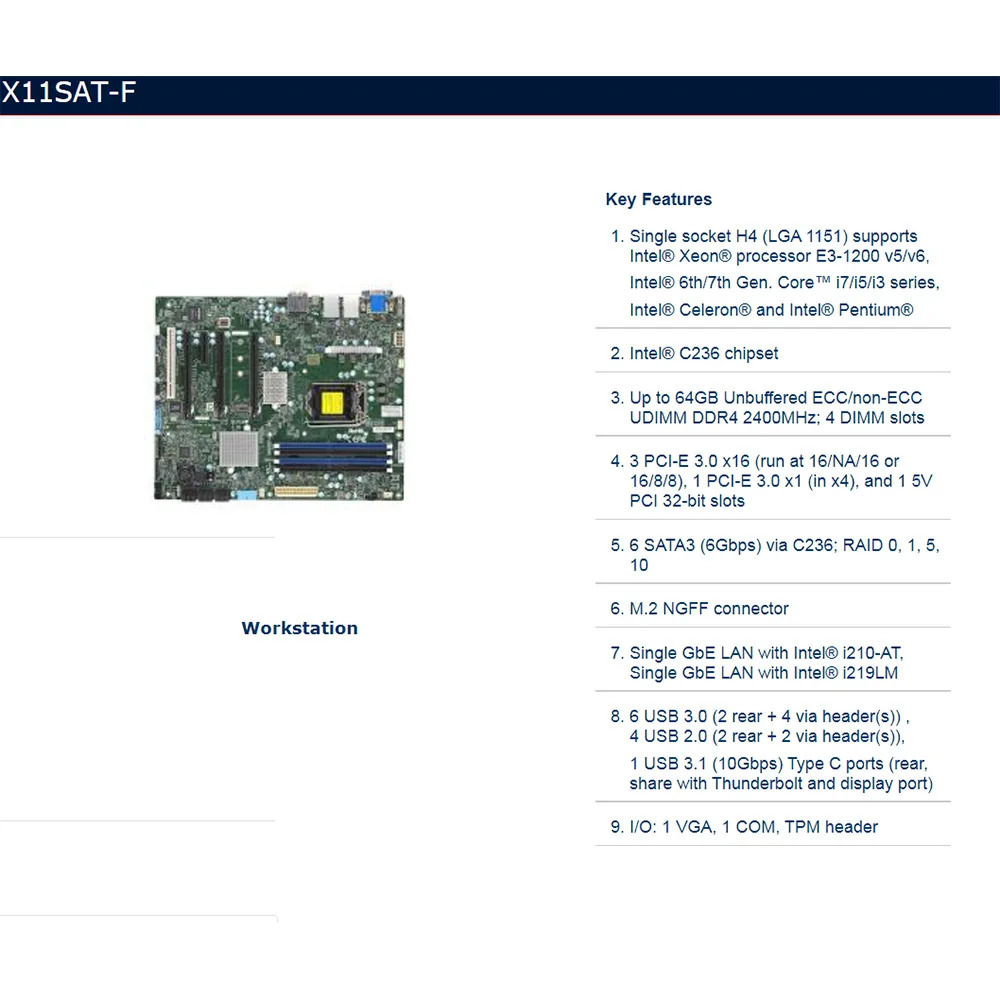 Supermicro 워크스테이션 마더보드X11SAT-F intel호환 C236 LGA-1151 6 SATA3 E3-1200 v6/v5 세대 코어 i3/i5/i7 시리즈