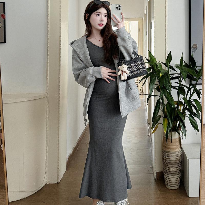 임부복 임산부복 코디 가을 단품 빅사이즈 겨울 롱 그레이 재킷+그레이 머메이드 원피스 세트 M - 상품 이미지