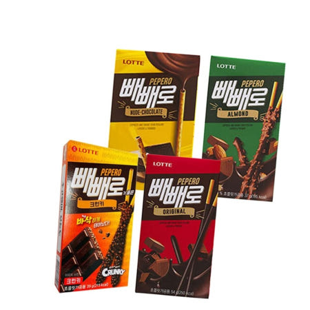 롯데 간식세트 빼빼로 4종 누드 아몬드 오리지널 크런키 과자 세트