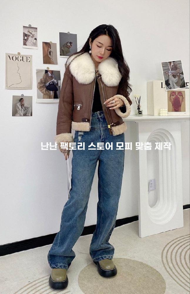 여성 리얼 가죽 무스탕 숏 자켓 퍼 카라 겨울 아우터 - 상세 이미지 3