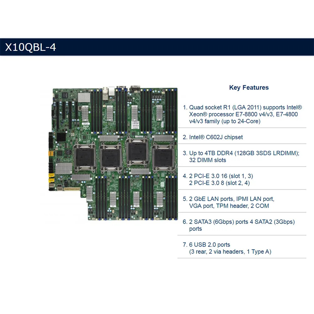 Supermicro 4방향 서버 마더보드 LGA 2011 intel호환 C602J 지원 E7 4800/8800 V3 V4 CPU PCIE-3.0 리퍼 X10QBL-4