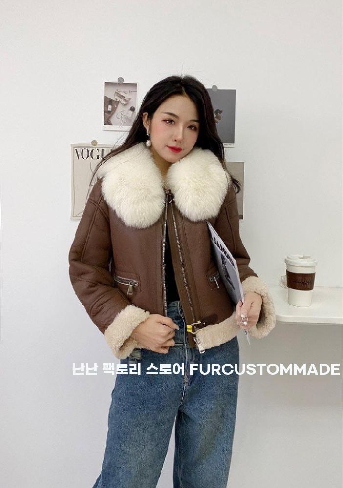 여성 리얼 가죽 무스탕 숏 자켓 퍼 카라 겨울 아우터 - 상세 이미지 2