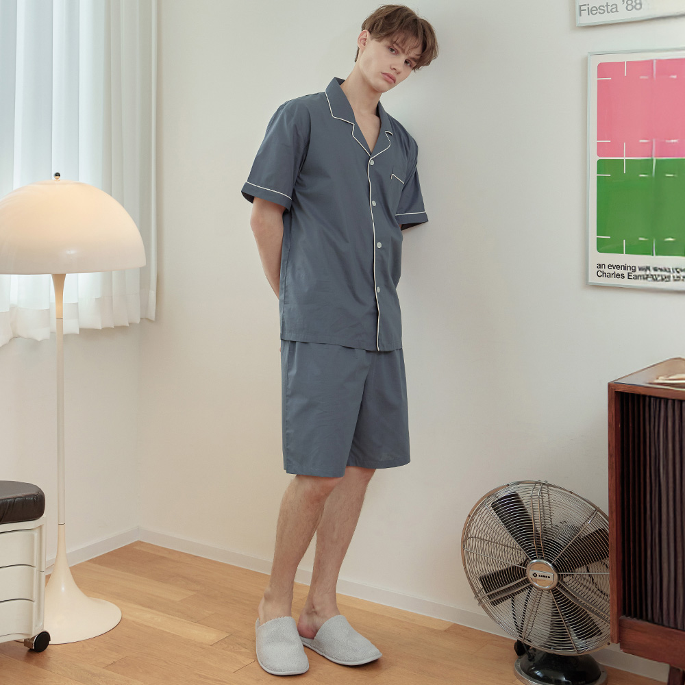 클래식그레이 남성 여름 반팔 순면 아사면 잠옷 파자마 홈웨어 세트 상품 이미지