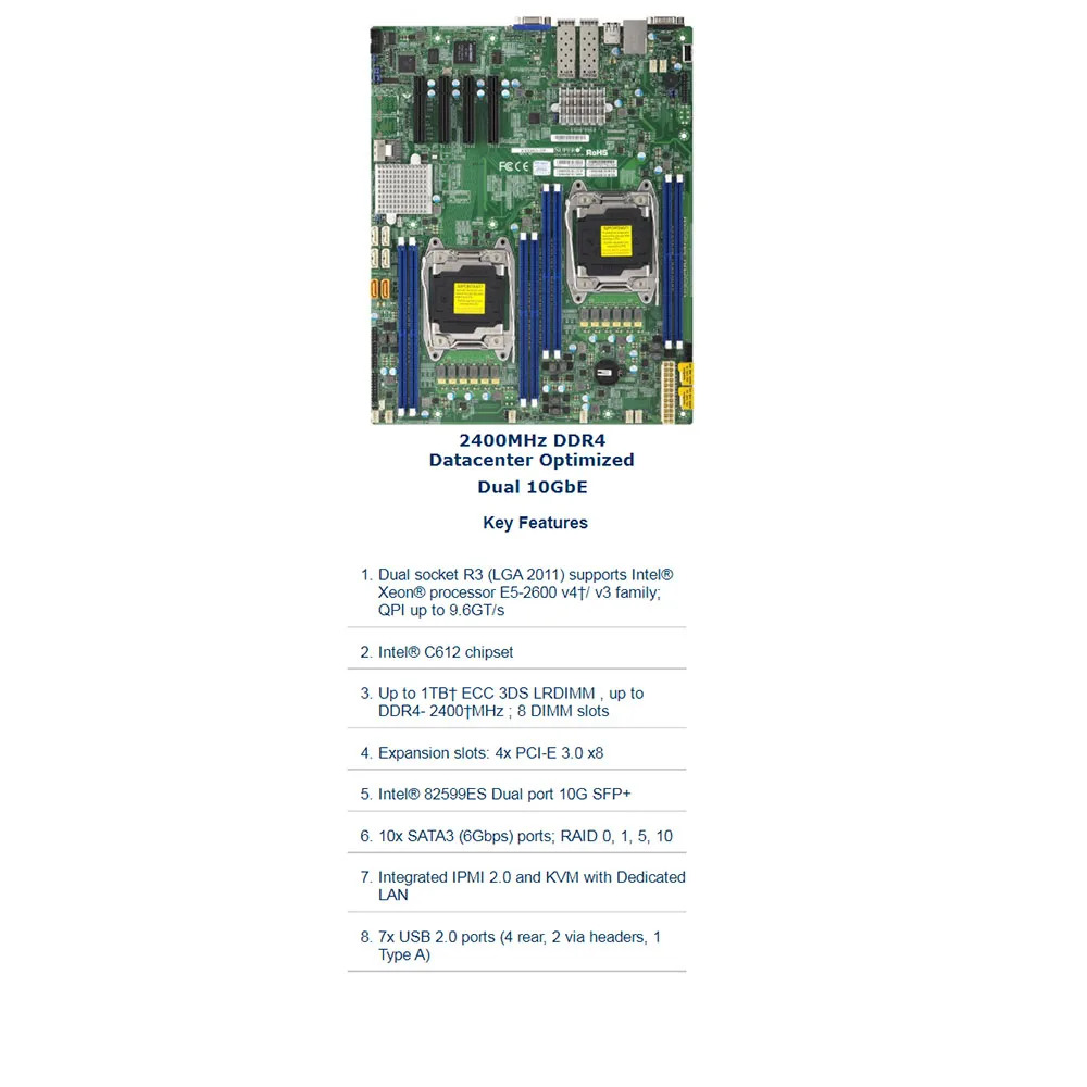 Supermicro 양방향 서버 E- 마더보드X10DRD-iTP 2011 intel호환 C612 Xeon E5-2600 v3/v4 군 DDR4 PCI-E 3.0 완전 리퍼