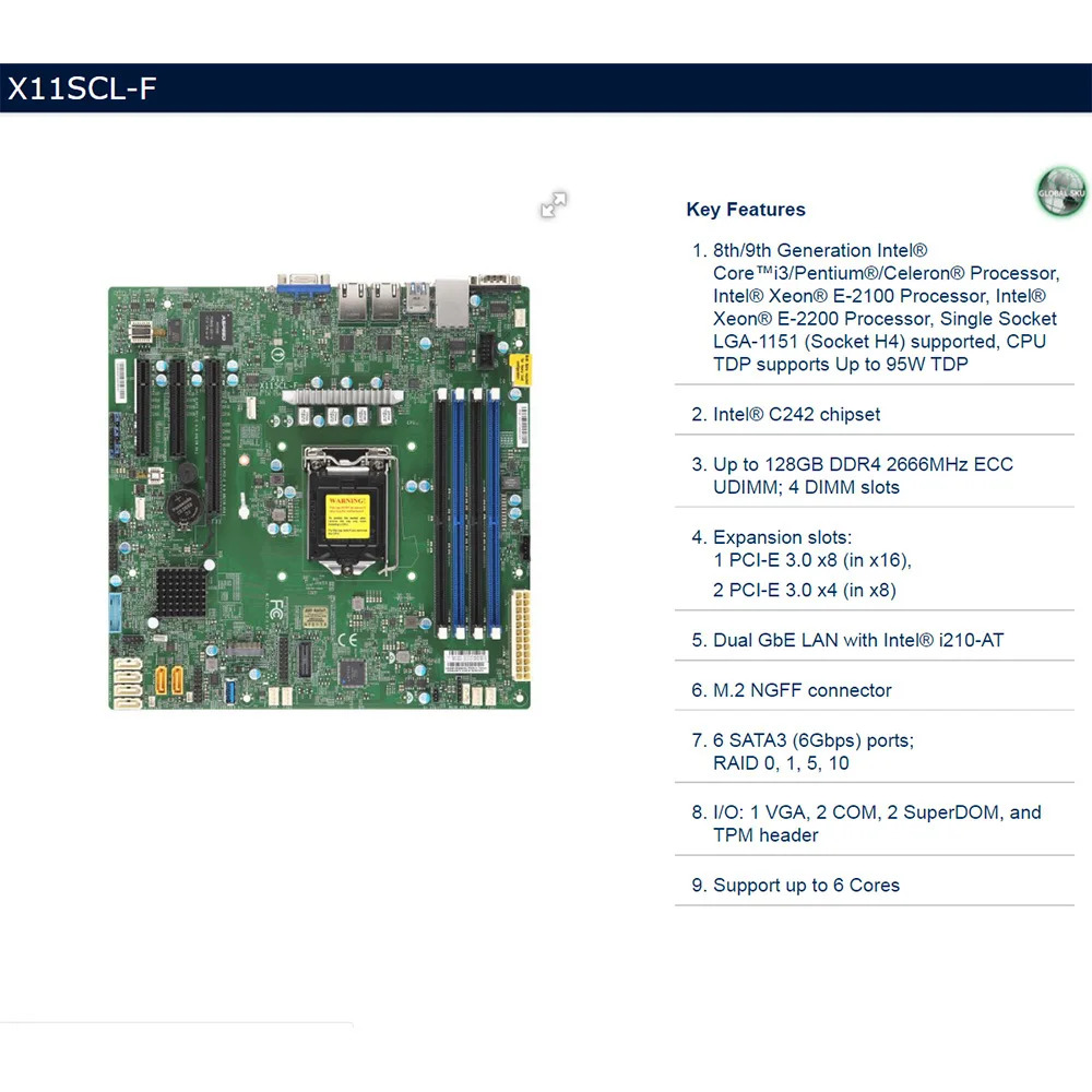 Supermicro 서버 마더보드 intel호환 C242 LGA-1151 DDR4X11SCL-F