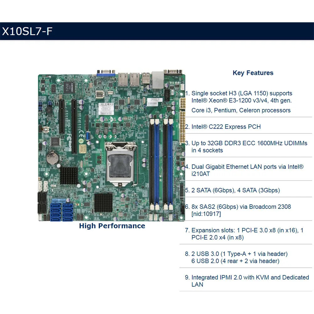 Supermicro 서버 micro 마더보드X10SL7-F LGA 1150 intel호환 C222 지원 E3-1200 v3/v4 DDR3 PCI-E 3.0 리퍼