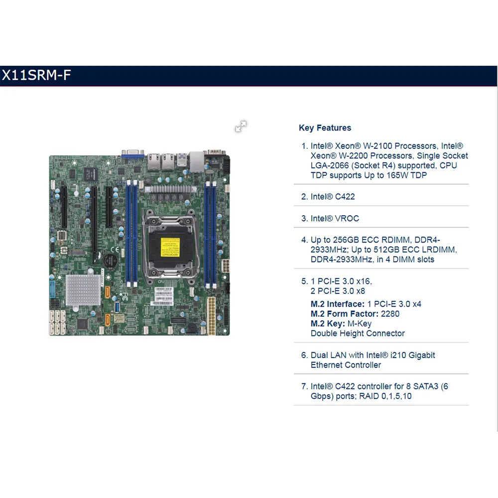 Supermicro 서버 micro 마더보드 LGA-2066 C422 칩셋 DDR4 PCI-E 3.0 지원 W-2100/2200 리퍼 X11SRM-F