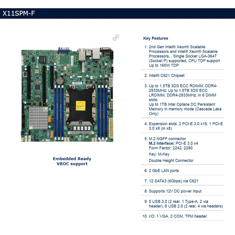 Supermicro 단방향 LGA3647 서버 마더보드 C621 칩셋 DDR4 지원 대 intel호환 Xeon 리퍼 X11SPM-F