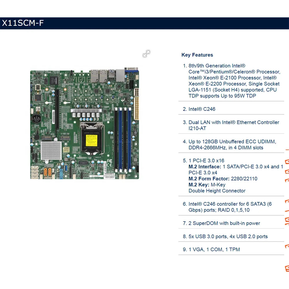 Supermicro micro 마더보드 X11SCM-F C246 LGA 1151 DDR4 지원 8/대 코어 i3 E-2100 E-2200 리퍼