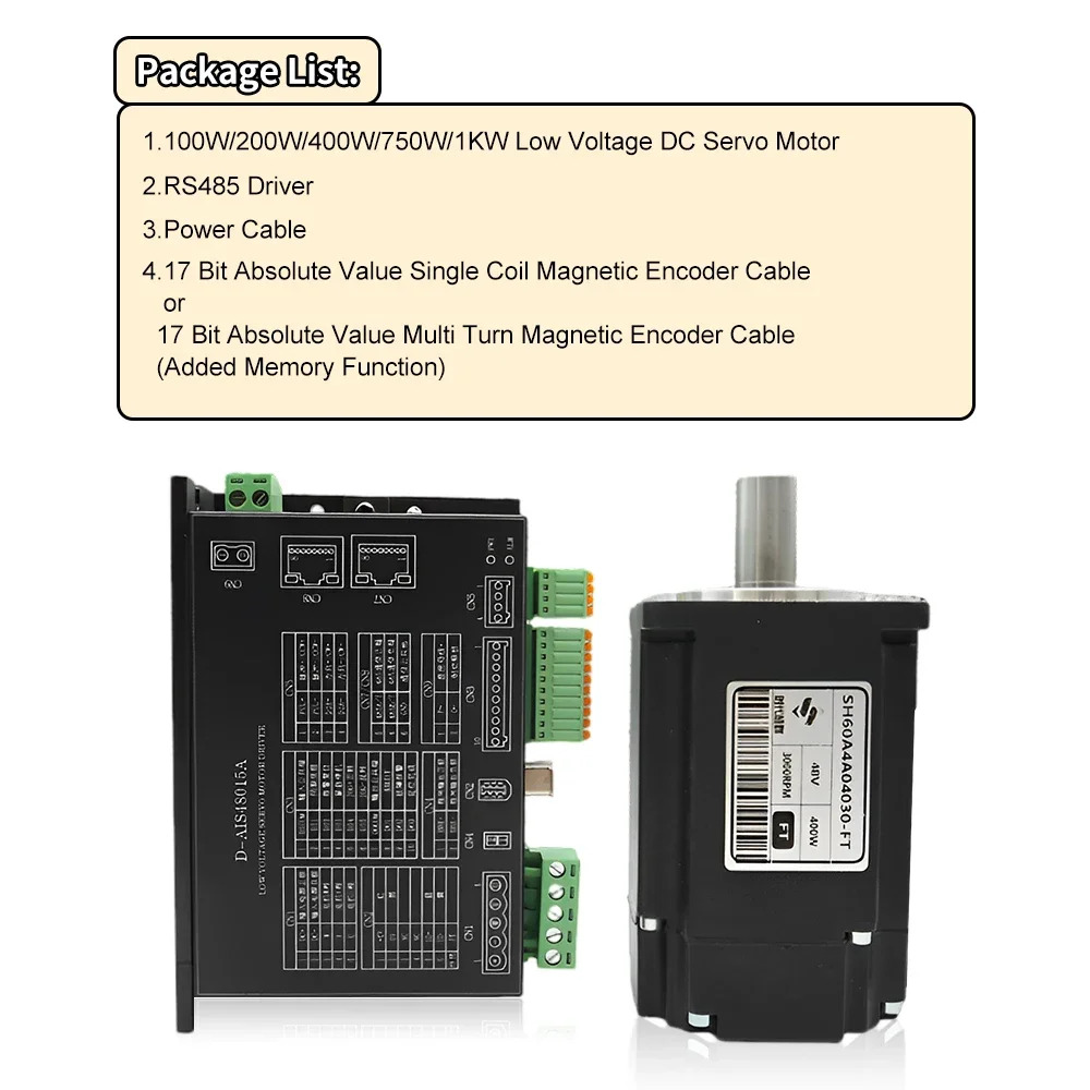 DC24/48V 3000rpm 저전압 서보모터 드라이브 키트 100/200/400/750/1KW RS48517Bit AGV절대 멀티 턴 자기 인코더