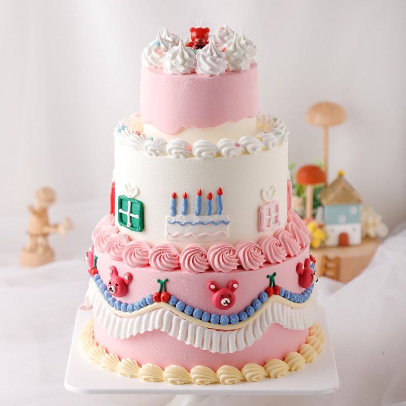 케이크 모형 소품 핑크 로즈 3단 웨딩 돌잔치 생일 백일 파티 스튜디오 촬영용 리얼 - 상세 이미지 2