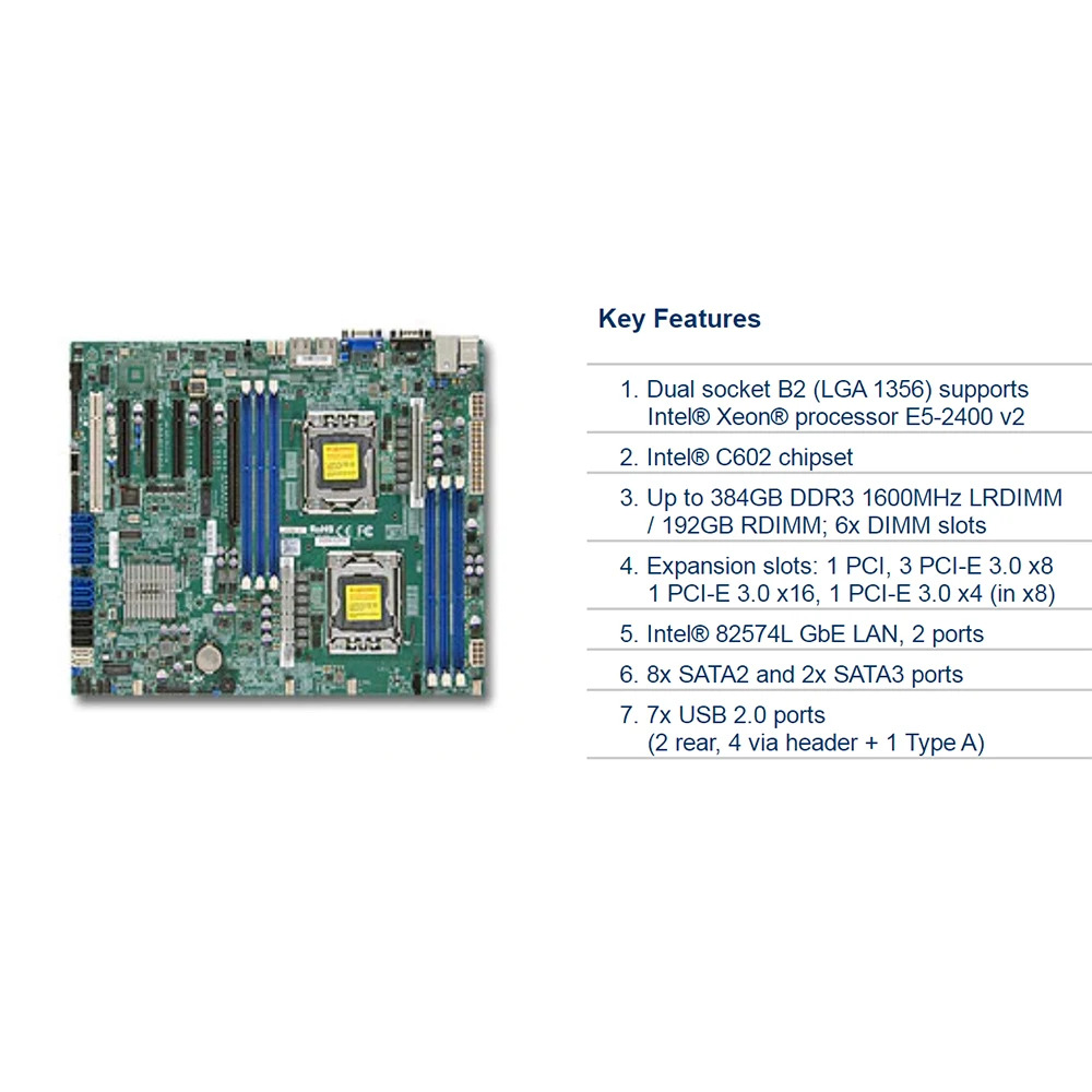 Supermicro 양방향 서버 마더보드X9DBL-i LGA 1356 intel호환 C602 DDR3 Xeon 프로세서 E5-2400 v2 완전 리퍼