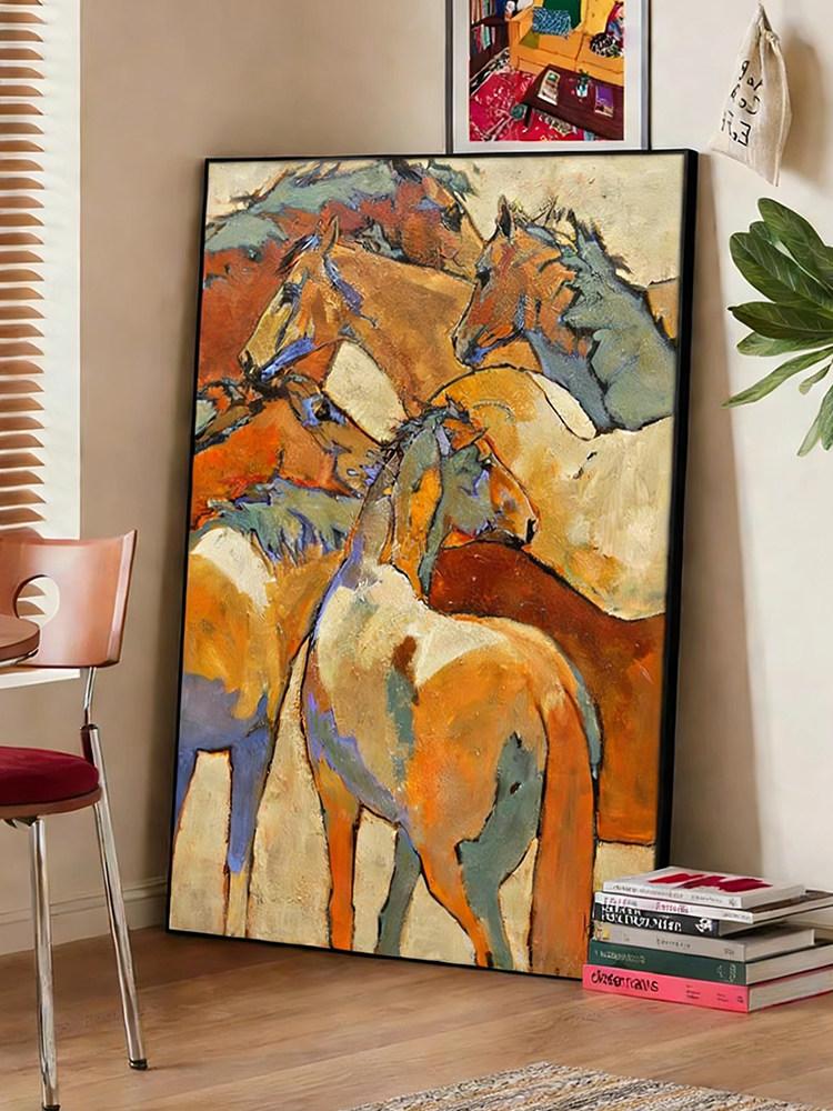 북유럽 모던 말그림 캔버스 풍수 말 추상 흑마 현관 현관액자 호텔 풍경 액자 브라운 - 상세 이미지 4
