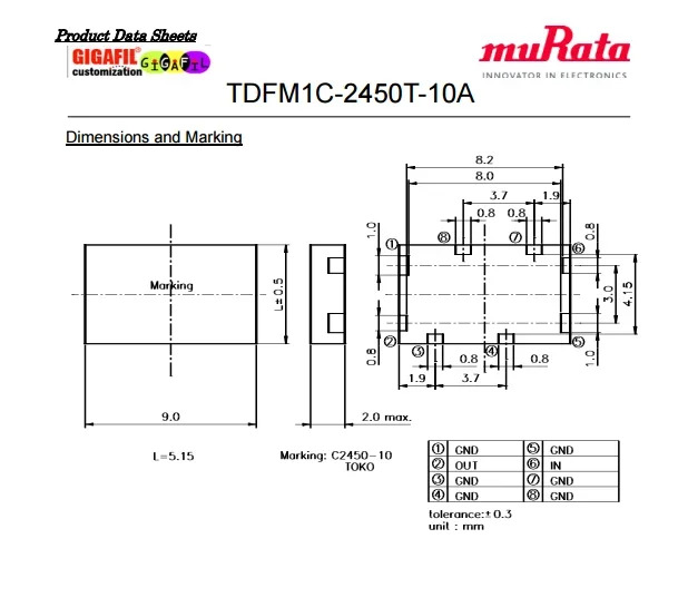 2.4G 표면 장착 절연 필터 2450MHz 오리지널 TDFM1C-2450T-10AP개