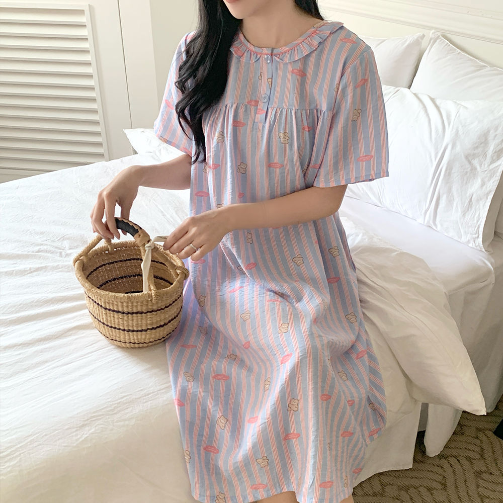 투위 여름 반팔 프릴 원피스잠옷 코튼 면 잠옷 인견 플라워 홈웨어 빅사이즈 여성실내복 상품 이미지