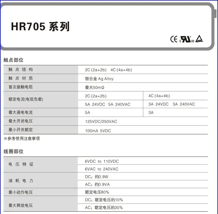 제어 릴레이 HR705-2PL 전원 실버 합금 접점 24V 220V개