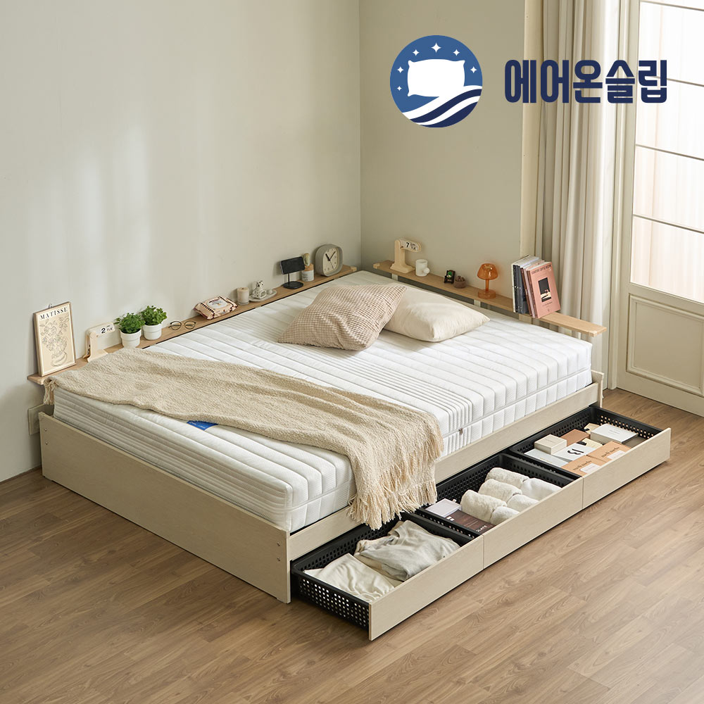 에어온슬립 E0 레이튼 3서랍침대+와이드선반 SS 슈퍼싱글 라이트오크 온슬립 본넬베이직매트