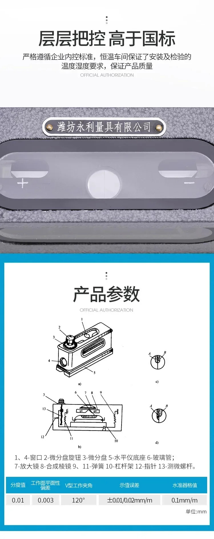 Weifang 산악 광합성 이미지 레벨 고정밀 해상도 HX-1 클램프 바 165mm 0.01mm