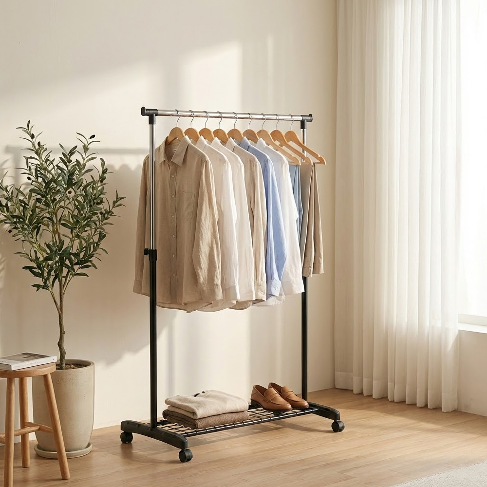 조립식 철제 스탠드 옷걸이 이동식 파이프 행거 바퀴달린 수납 옷걸이대 1단