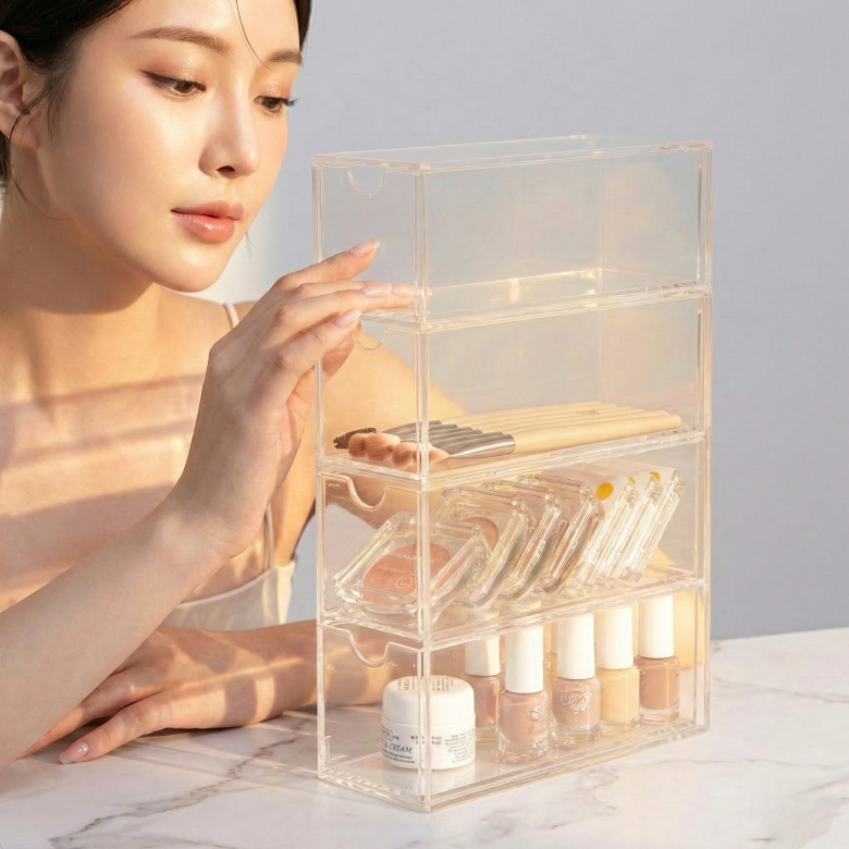 투명 아크릴 4단 서랍식 화장품 정리함 브러쉬 보관함 수납장 이미지 6